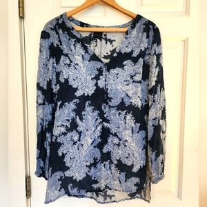 Lucky brand boho blue scroll flowy blouse size xl